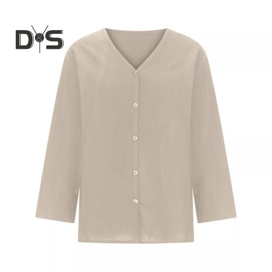 Женская рубашка свободного кроя с V-образным вырезом и рукавом 3/4, летняя застежка на пуговицы, однотонная повседневная футболка на каждый день