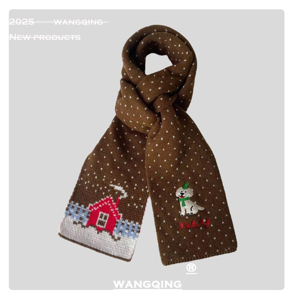Korean Style Red White Cute Puppy Scarf Autumn and Winter New Style Gentle and Sweet Atmosphere Warm Knitted Small Scarf