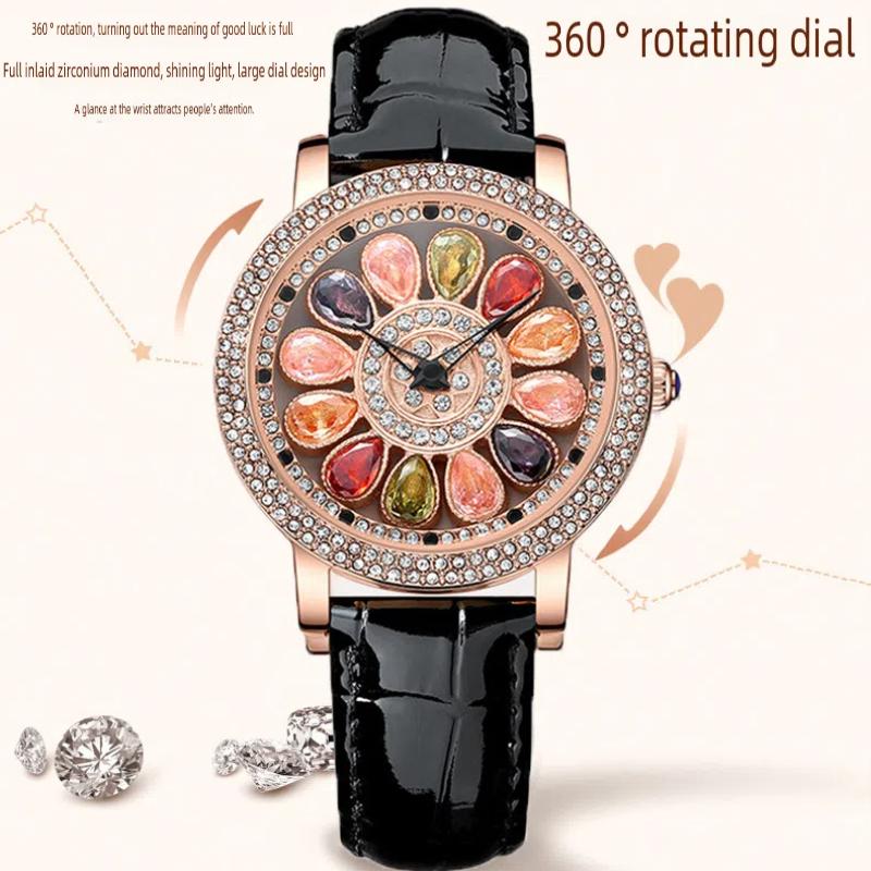 Ladies' Quartz Watch with Rotating Dial Rose Gold Inlaid with Diamonds and Gemstones Fashionable Waterproof Quartz Watch Women's Watch