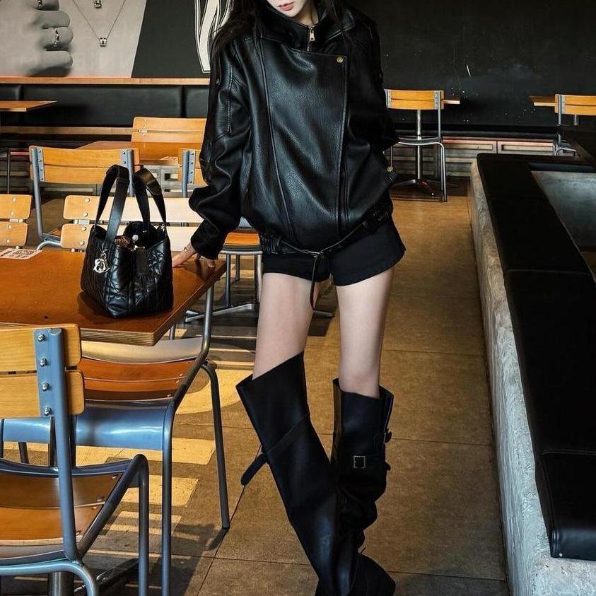 Ретро кожаная куртка плохого парня из Гонконга для женщин - Осень, Свободный крой, Универсальная, Приталенный дизайн