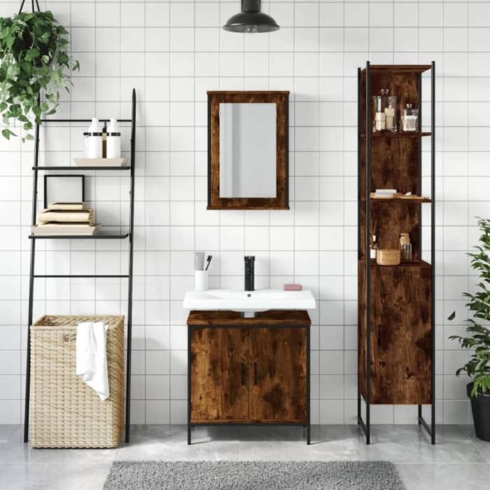 VidaXL Ensemble De Meubles De Salle De Bain 3 Pcs Chêne Fumé, Armoire De Salle De Bain, Armoire De Bain, Meuble-lavabo De 3214802