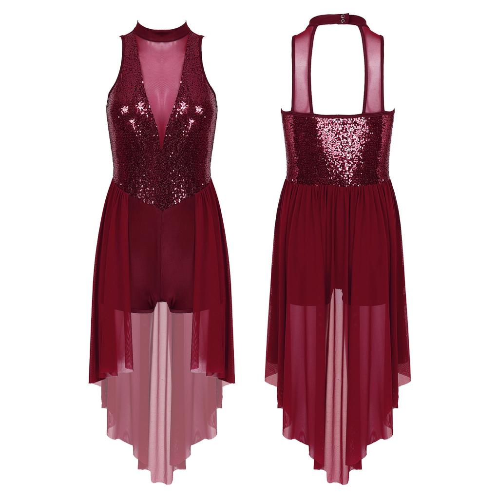 Женская танцевальная одежда с нерегулярным высоким низким низом и сетчатой ​​юбкой для лирического современного балета для девочек