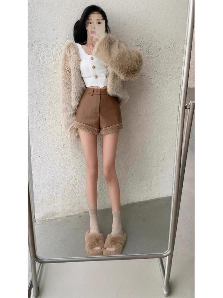 Spicy Girl High Waist Patchwork Slimming PU Leather Shorts - Autumn/Winter Style