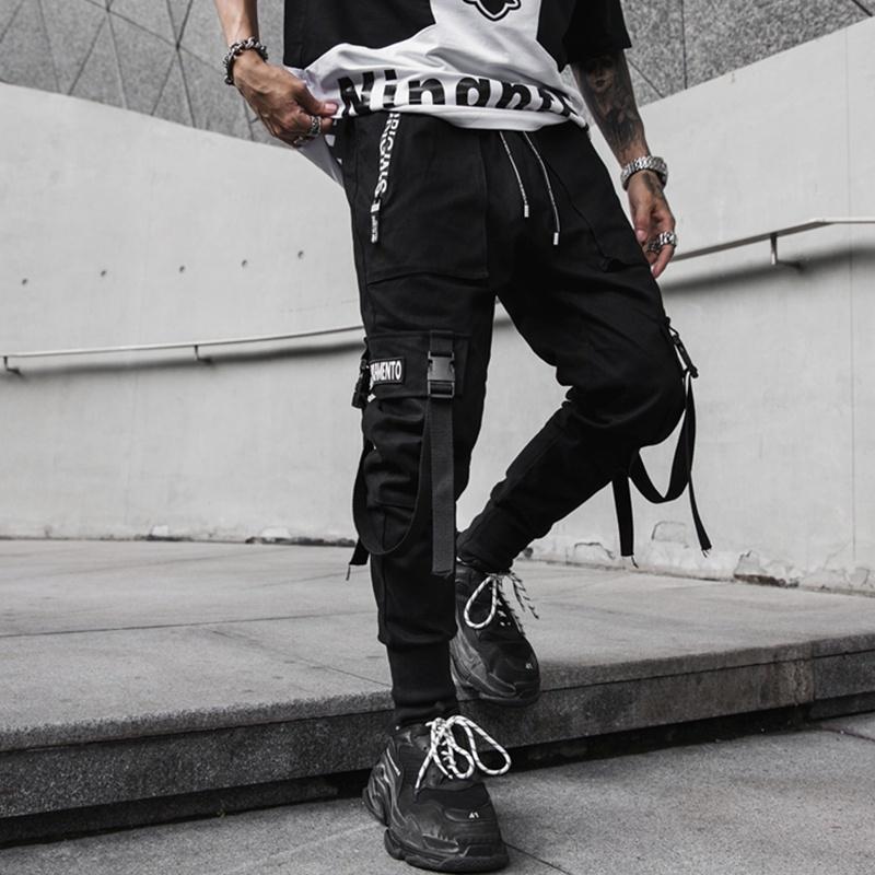 Hip Hop Joggers Men Black Harem Pants Multi-pocket Ribbons Man Sweatpants Streetwear Casual Mens Pants