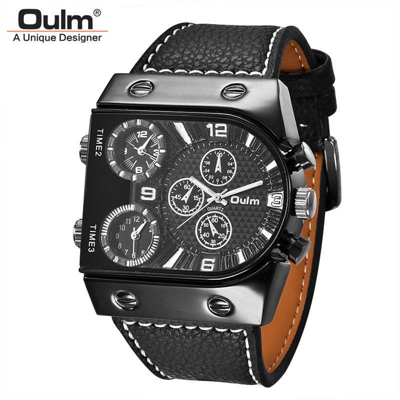 Oulm Luxury Men Watch Leather Wrist Watch For Man Three Time Zone Watches Military Clock Male Sport Quartz Watch montre homme