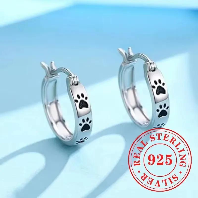 Sweet Shiny White CZ Heart Pierced Earrings for Girls Sterling Silver Cute Pet Paw Prints Jewelry Daily Party Jewelry