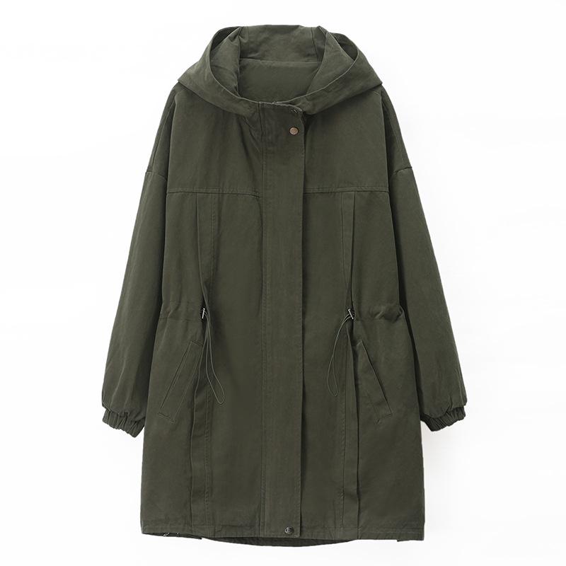 Women's Mid-Length Hooded Trench Coat, Spring/Autumn 2024: Pure Cotton, Long-Sleeve, Casual Workwear, Slimming Plus Size.