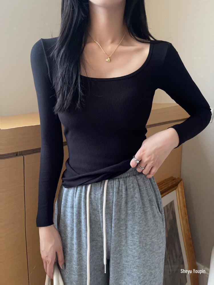 Футболка в корейском стиле облегающего кроя с квадратным вырезом из матового вельвета с нагрудными вкладышами для осени и зимы