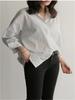Женская синяя рубашка в стиле BF с отложным воротником, белый топ средней длины с длинными рукавами, однобортная осенняя свободная блузка в полоску в стиле ретро