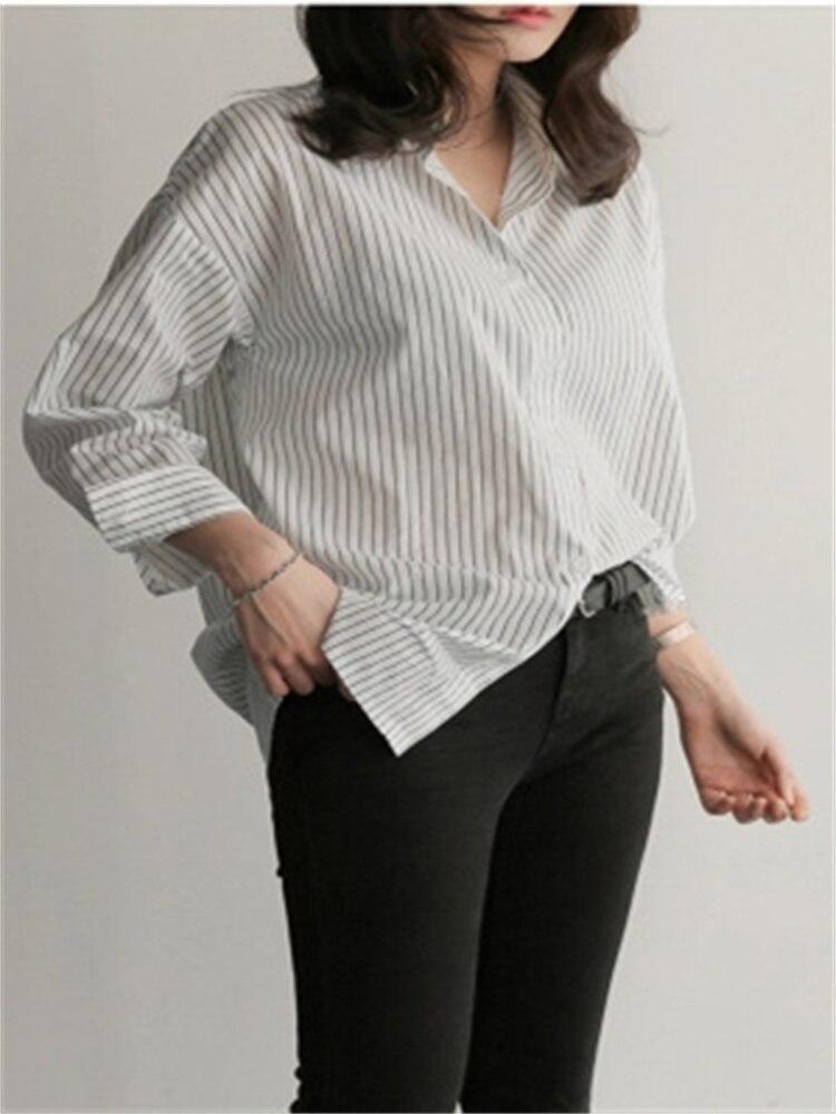 Женская синяя рубашка в стиле BF с отложным воротником, белый топ средней длины с длинными рукавами, однобортная осенняя свободная блузка в полоску в стиле ретро