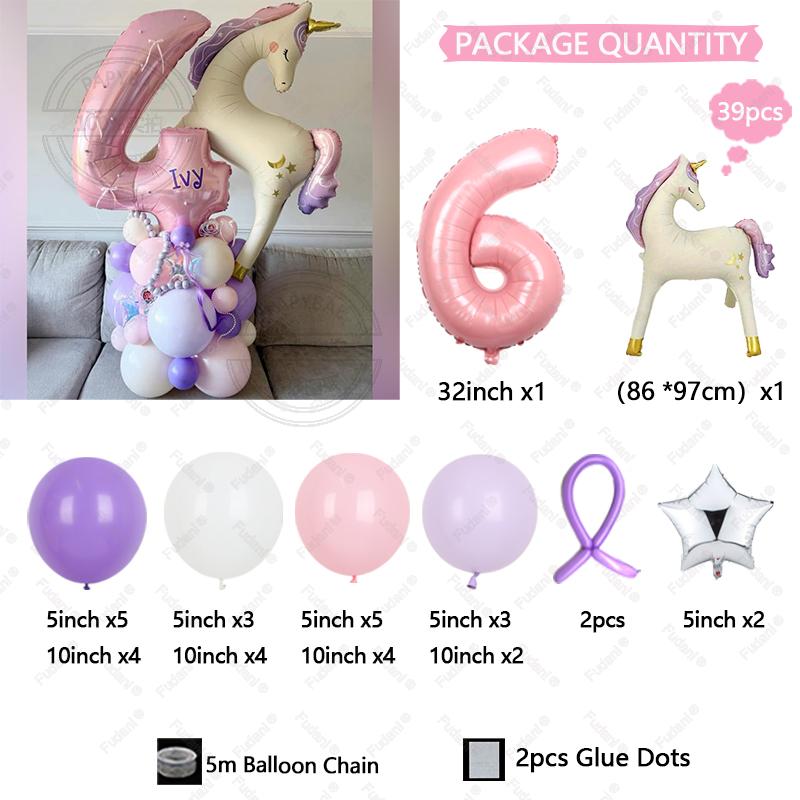 39pcs Cartoon Unicorn Balloon Pink Numbers 1-9 Birthday Balloon Set Cartoon Animal Theme Party Decoration Photo Background