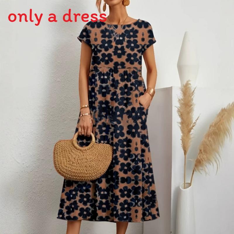 Cotton Linen Floral Print Summer Dress With Round Neck For Women