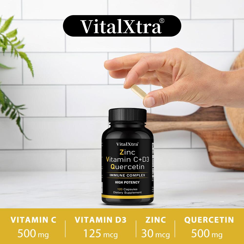 Zinc Quercetin 500 mg, containing Vitamin C, D3 and bromelain, 120 capsules, vegan formula.