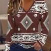 Geo Print V Neck T-Shirt, Vintage Long Sleeve T-Shirt For Spring & Fall, Women's Clothing