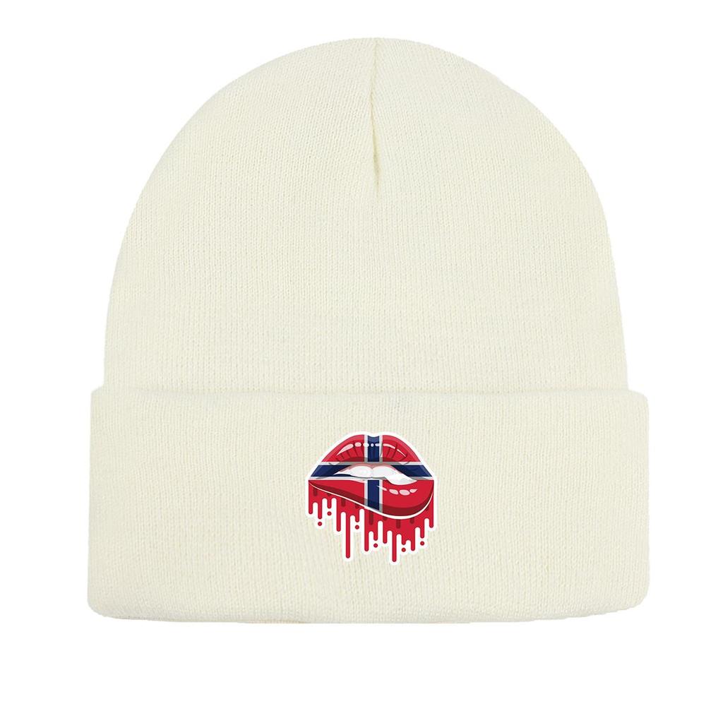 Mouth Flag of Norway Print Knitted Hat Beanie, Patriotic Woman Cap Elastic Cancer Chemo Leisure Headwear Knit Cap Beanie