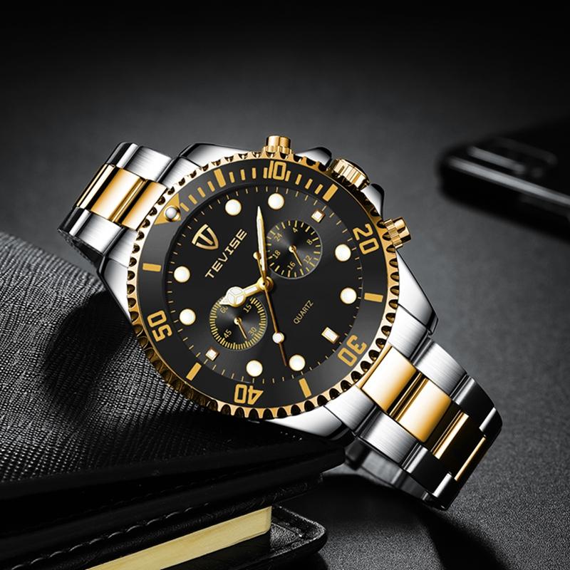 Tevise Мужские Бизнес-часы Нержавеющая сталь Кварцевые часы Дата Модные Повседневные часы Сапфировое стекло Часы