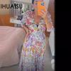 Плюс размер Супер Фея с v-образным вырезом и цветочным рисунком Пляжное праздничное пляжное платье с длинной юбкой женское
