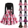 Women's Vintage Classic Dress Long Sleeve Valentine's Day Print Round Neck Swing Dress