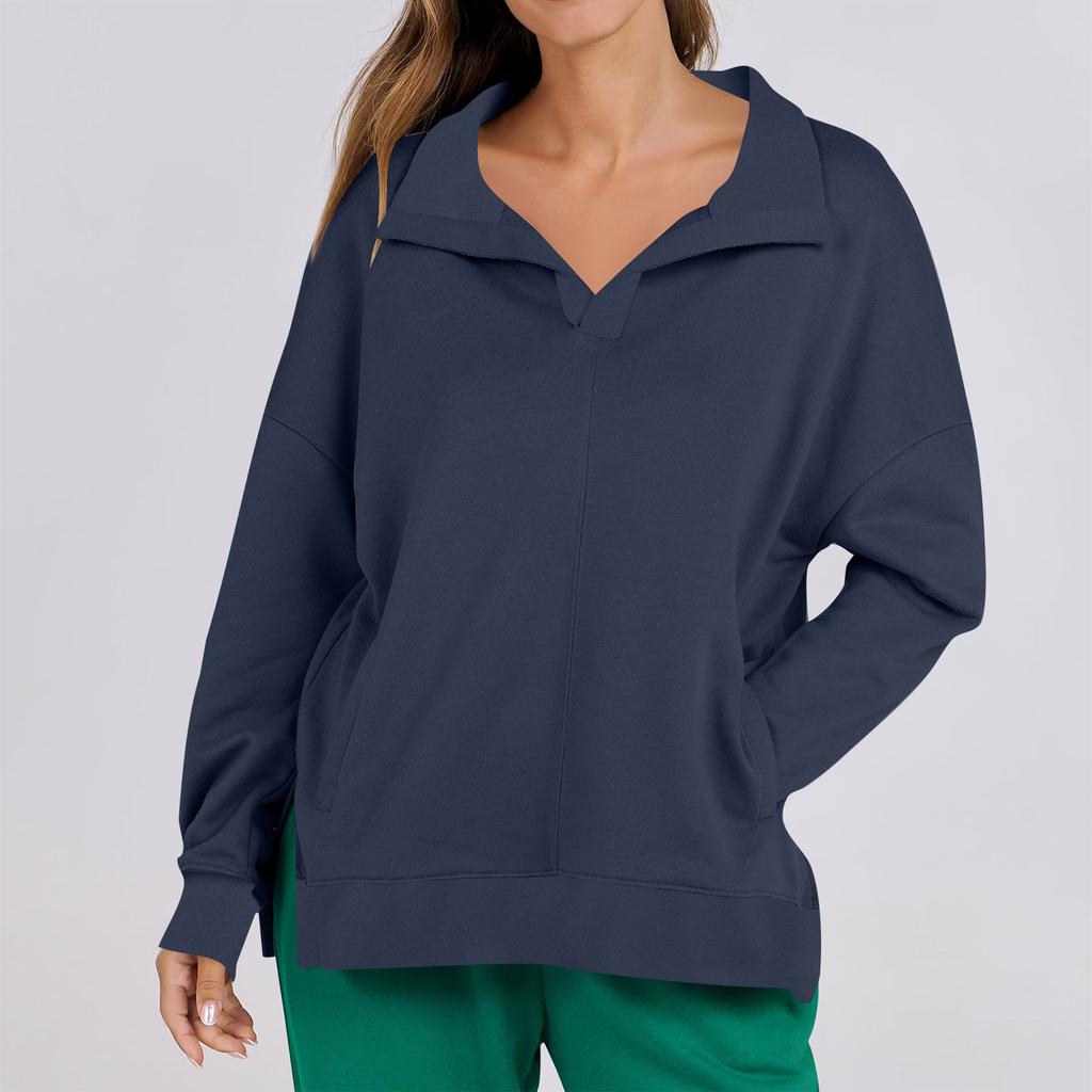 Женская мода повседневная однотонная толстовка с V-образным вырезом и карманом, с длинным рукавом