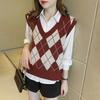 Женский вязаный жилет с ромбовидным узором, свободный, с V-образным вырезом, без рукавов, пуловер, майка, повседневный школьный свитер-топ