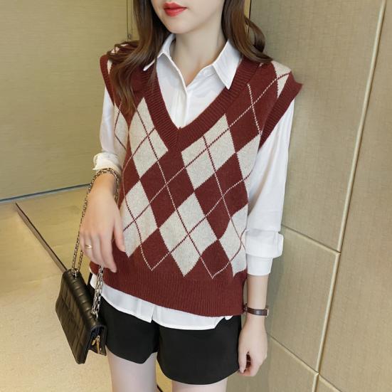 Женский вязаный жилет с ромбовидным узором, свободный, с V-образным вырезом, без рукавов, пуловер, майка, повседневный школьный свитер-топ