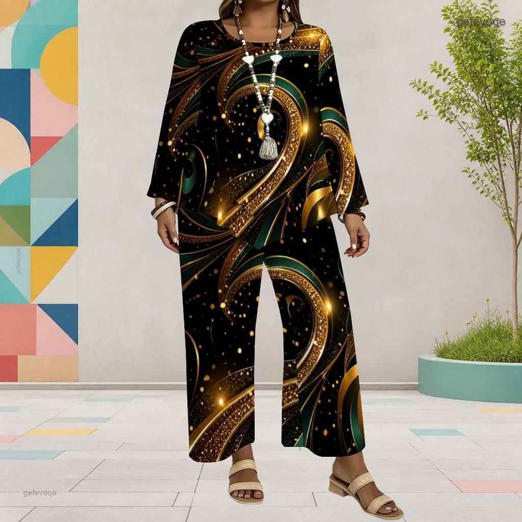 Women Plus Size Floral Printed Round Neck Long Sleeve Layered Top Wide Leg Cropped Pants Two Piece Set