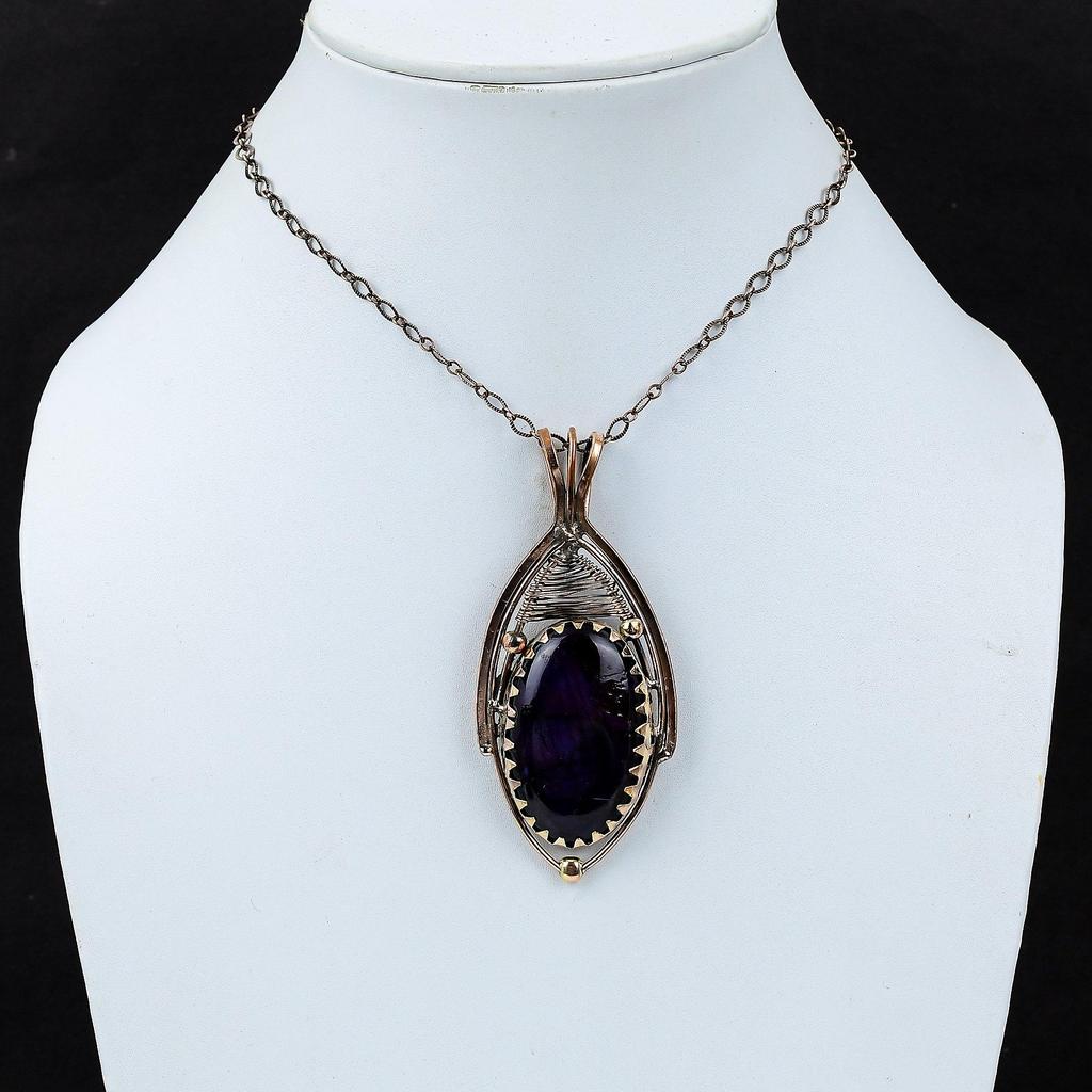 Purple Flash Labradorite Gemstone Jewelry Pure Copper Wire Wrapped Handmade Pendant