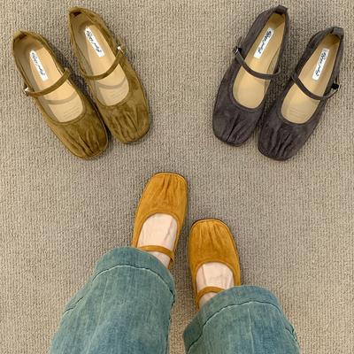 Однотонные туфли из коричневой замши на плоской подошве с плиссировкой, женская обувь 2025 осень, ретро, для работы, с квадратным носком, Мэри Джейн, туфли Doudou