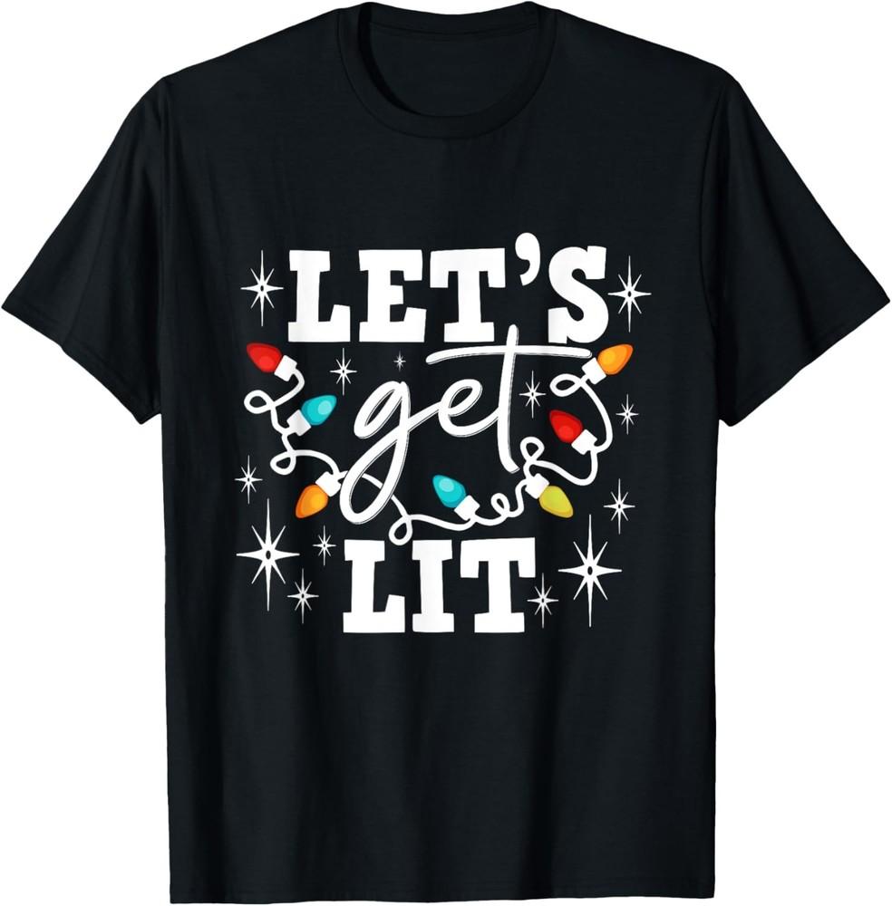 Let's Get Lit Drinking Santa Hat Christmas Lights Funny T-Shirt Unisex T-Shirt