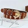 Women's Fashion Belt with Gold Crescent Buckle, Metal Cutout Faux Leather Waist Strap, Versatile for Jeans/Tops (Black/Brown)