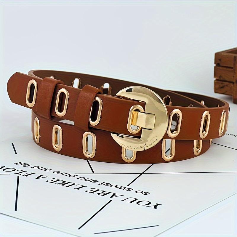 Women's Fashion Belt with Gold Crescent Buckle, Metal Cutout Faux Leather Waist Strap, Versatile for Jeans/Tops (Black/Brown)