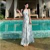 Летнее новое корейское издание женской одежды, полосатое кружево, кружевной бант, платье на бретелях, высокая талия, А-силуэт, длинное платье