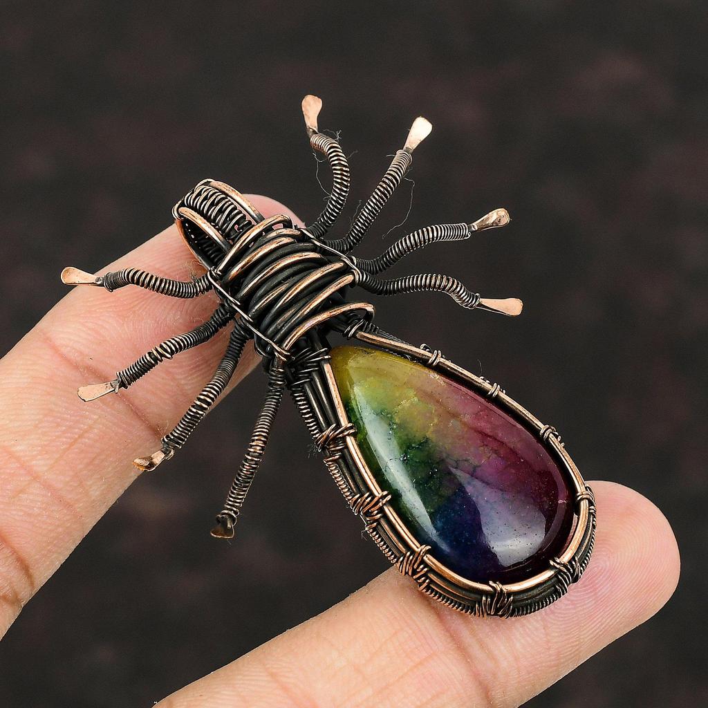 Радужный солнечный кварцевый кулон-друзи, кулон из медной проволоки, кулон ручной работы, ювелирные изделия из медной проволоки, кулон-паук для подарка, кулон с драгоценным камнем для нее