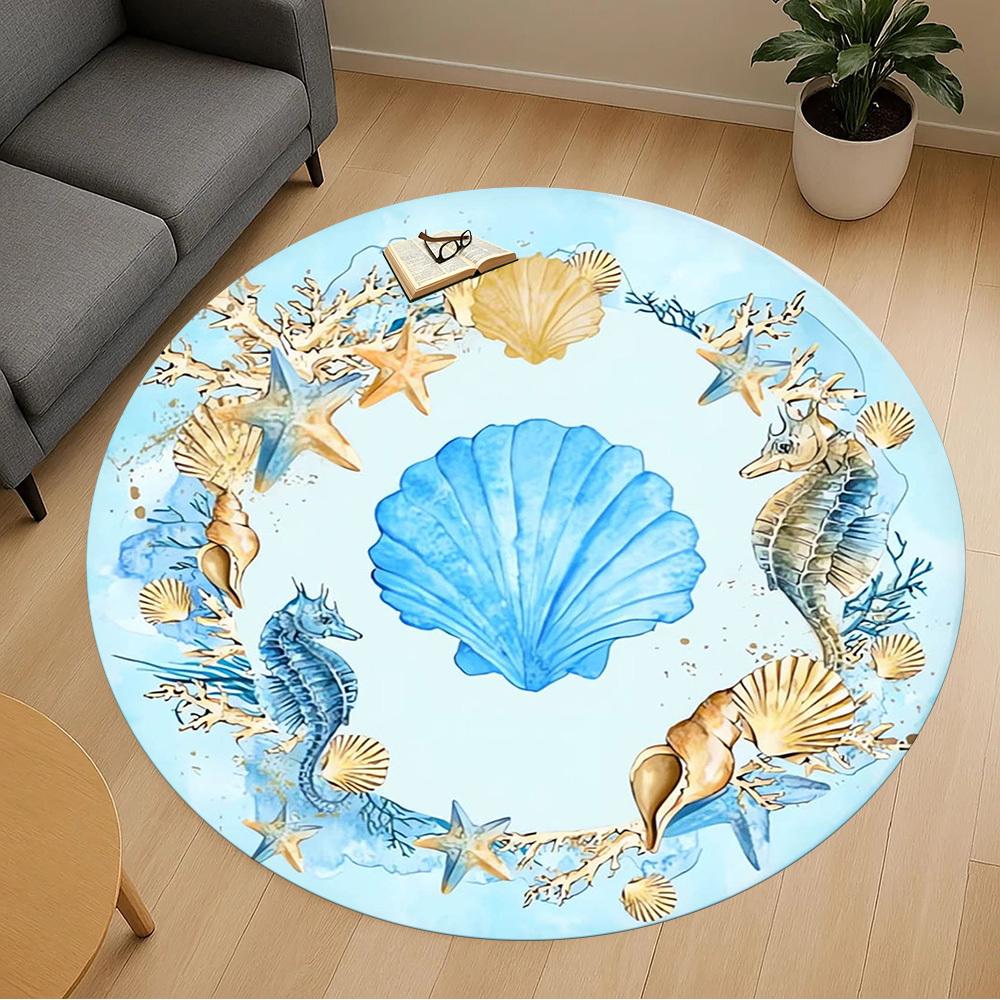 1pc Seashells, Oceanic Round Chair mat Area Rug - Non-Slip, Floor Mat for Office, Bedroom, home decor Christmas Gift p0811070