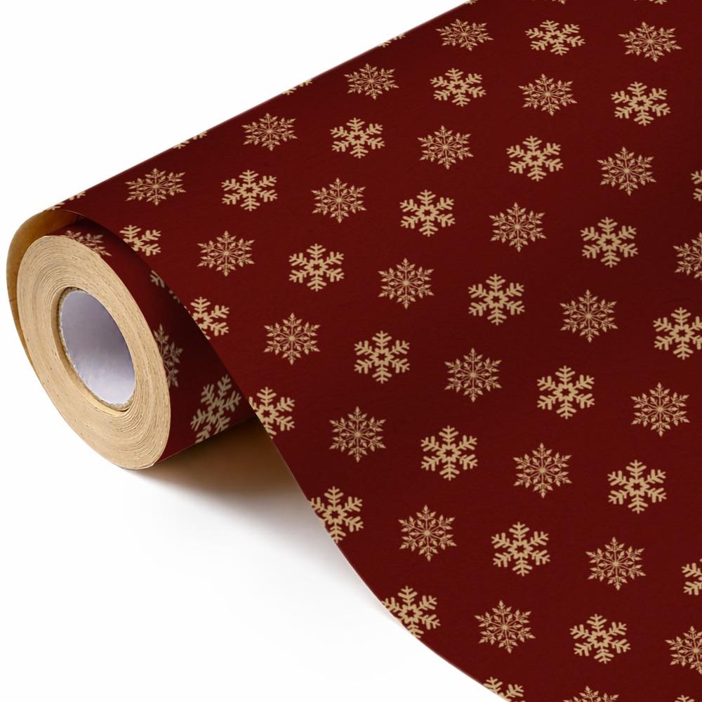 1 Roll Of Burgundy Gold Snowflake Christmas Gift Wrapping Paper, Vintage Red Kraft Paper Holiday Gift Wrapping Paper, Perfect For Christmas Gifts And