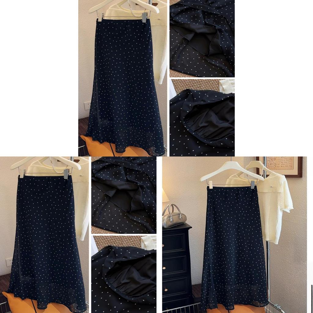 Fish Tail Skirt For Women With Polka Dot Pattern Summer Chiffon High Waist Retro Fashion