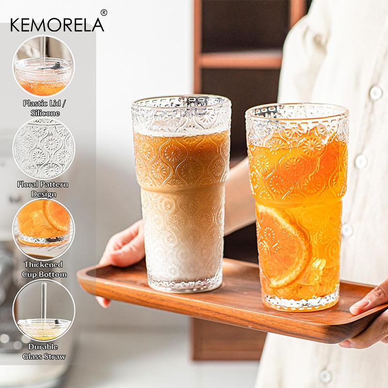 1/2PCS Begonia Flower Glass Coffee Cup With Lid and Glass Straws 590ML for Iced Coffee Smoothies Milk Water and More Drinkware