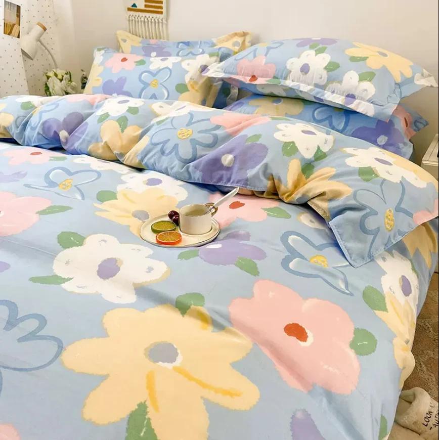 Striped Flower Duvet Cover Set + Flat Sheet + 2pc Pillowcases Single Double Twin Queen King Size Bed Linen Bedding Textile B90F