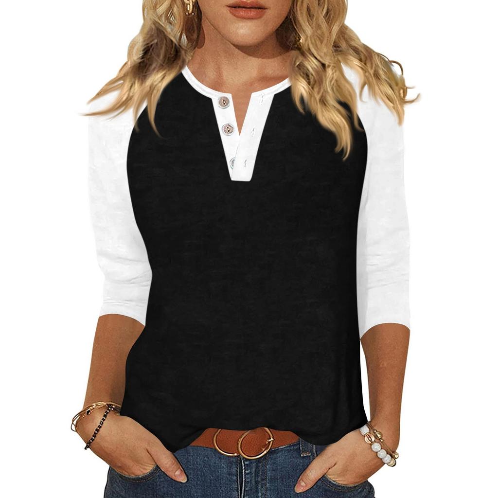 Жен. Футболка С принтом Пуговицы Рукав 3/4 Повседневные Выходные Мода Классический Классический V-образный вырез Обычный Верх