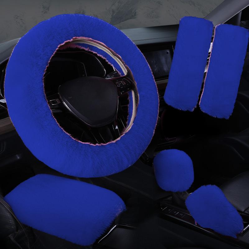 Plush Car Steering Wheel Cover 6piece Set Winter Warmth And Elastic Non Slip Handle Cover Women's Car Interior Accessories