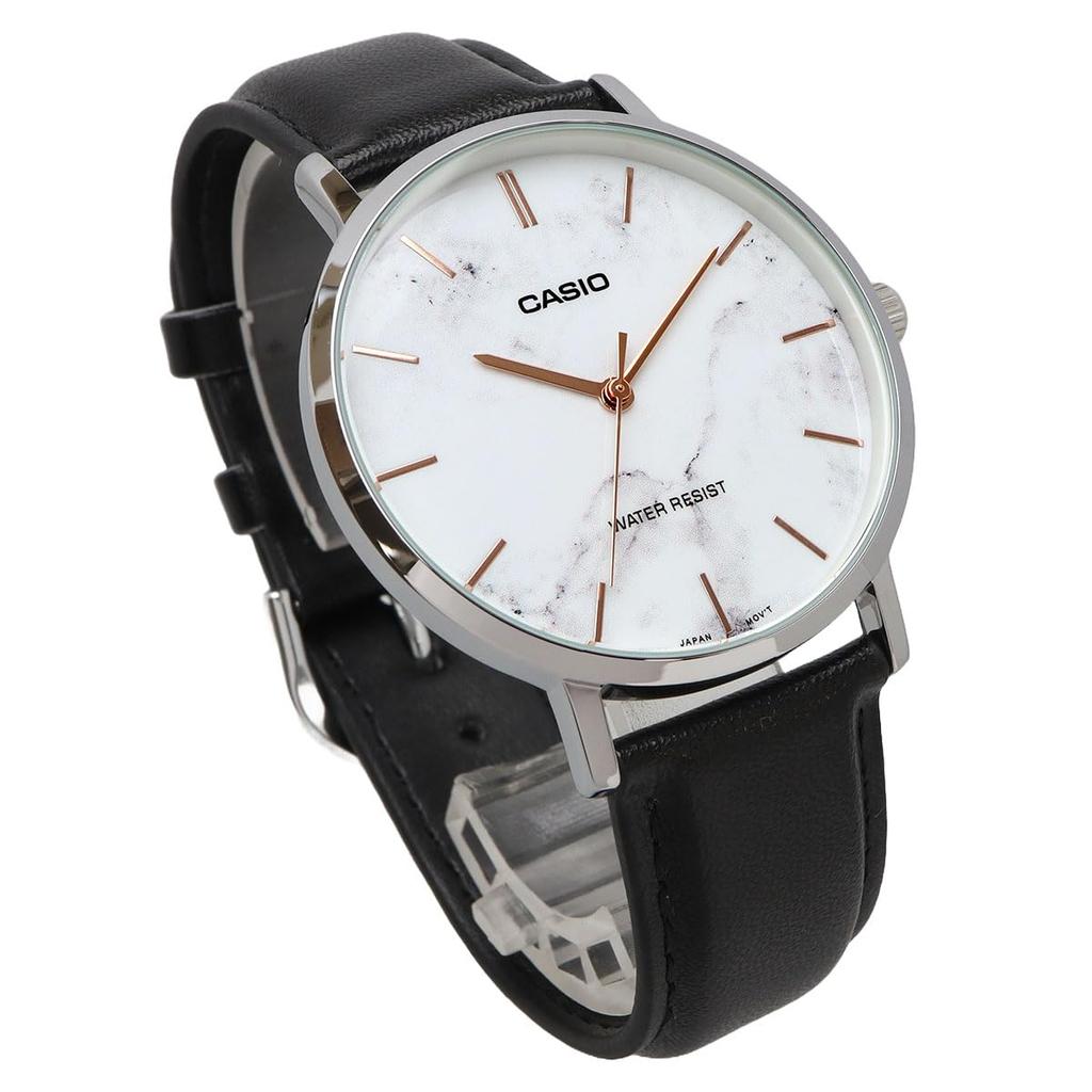 CASIO Quartz Watch White Marble Black Leather Band Overseas Model Men's MTP-VT01LM-7A