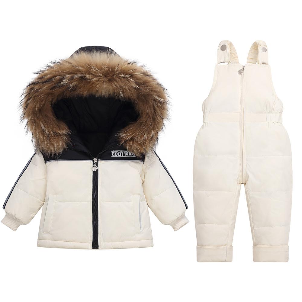 Baby Down Jacket with Real Raccoon Fur Collar, Thickened Coat, Cold-proof Suit, Detachable Crotch Overalls