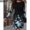 Women's Fashion Spring Fall Flower Pattern Print Long Sleeve O-Neck High Waist Casual Dresses