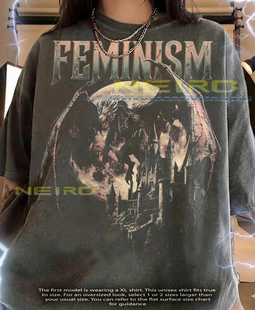 Feminism Dragon Castle Moon Fantasy Gothic Comfort Colors® Tshirt, Mythological Creature Retro Vintage Bootleg 90s Graphic Tee