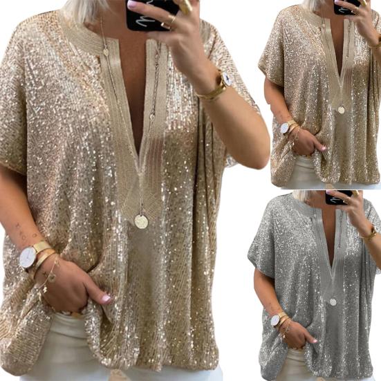 Футболка с блестками, свободная женская женская блузка с коротким рукавом большого размера для повседневной жизни