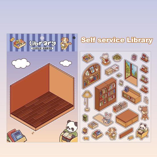4 Set 3D DIY House Scene Stickers Stress Relief Decals Supermarket Coffee Shop