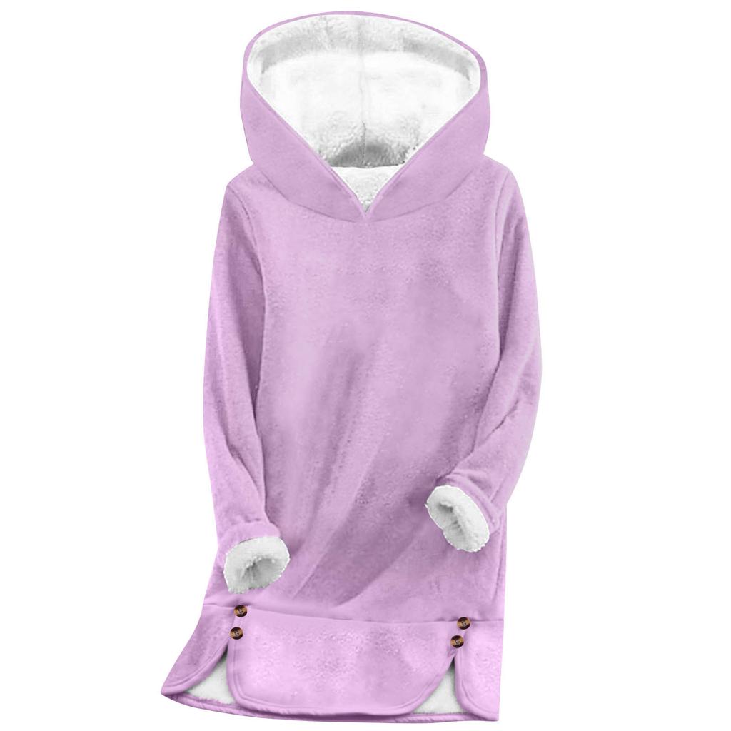 Women's Fashionable Solid Color Hooded Long Sleeved Plush Versatile Warm Bottom Shirt Top
