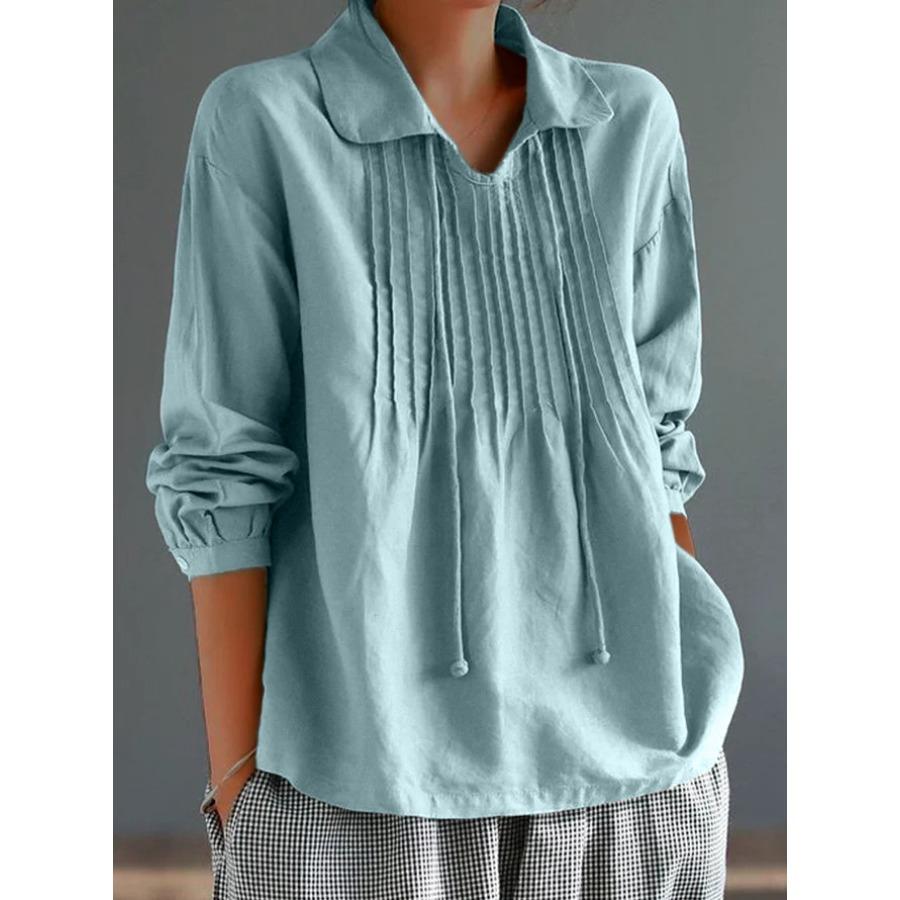 Женская хлопково-льняная блузка на весну и осень, белая, зеленая, синяя, свободный верх, плиссированные блузки с воротником с лацканами и длинными рукавами