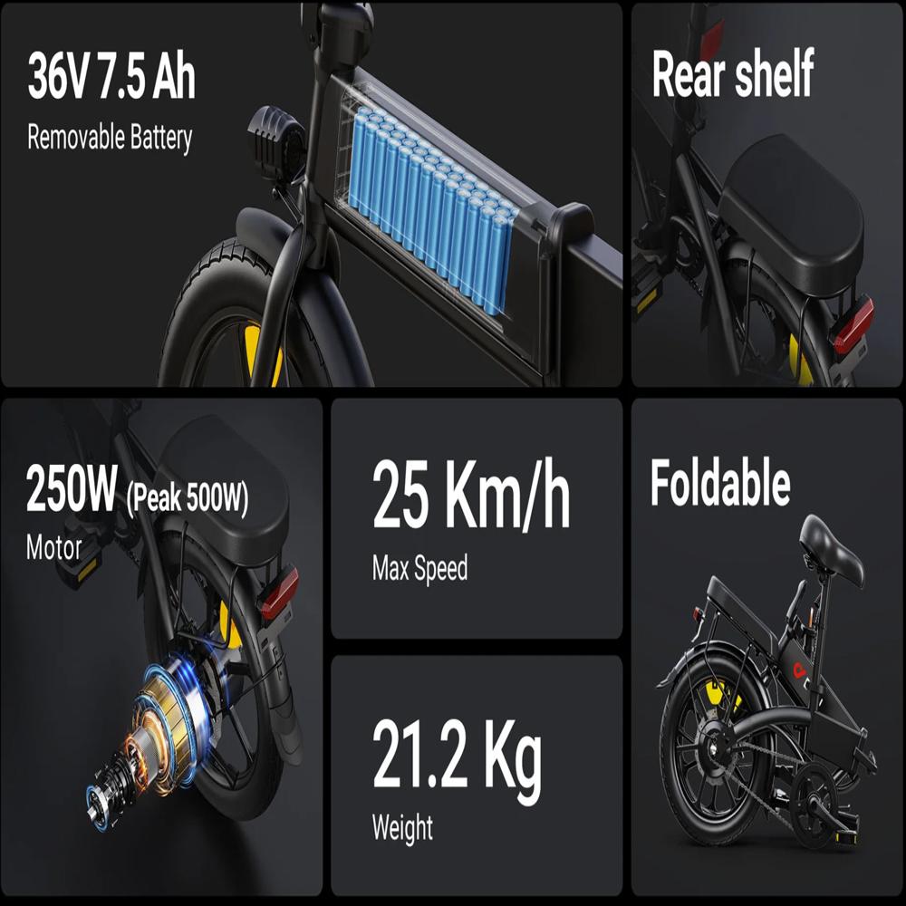 Electric Bike DYU A1F Pro 16" 250W Motor 7.5AH Foldable E-Bike Max Range 60Km Load 120Kg Black