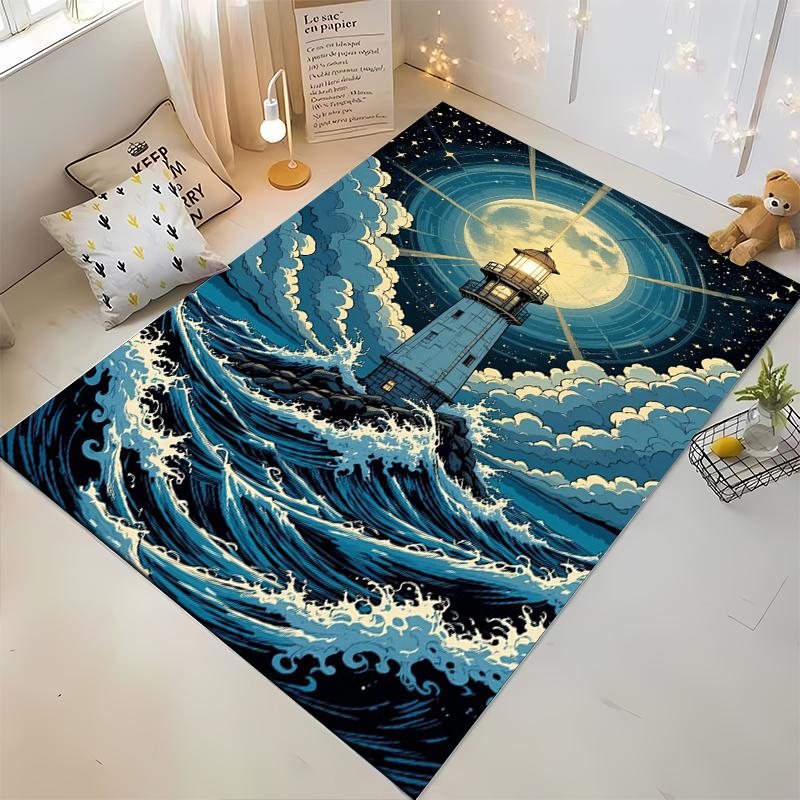 Lighthouse in stormy sea under moonlight. Non-slip rug suitable for living room and bedroom sofas sofas.